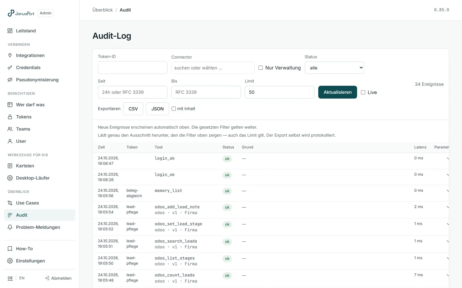 Admin-Ansicht „Audit-Log“ mit Filter und Export